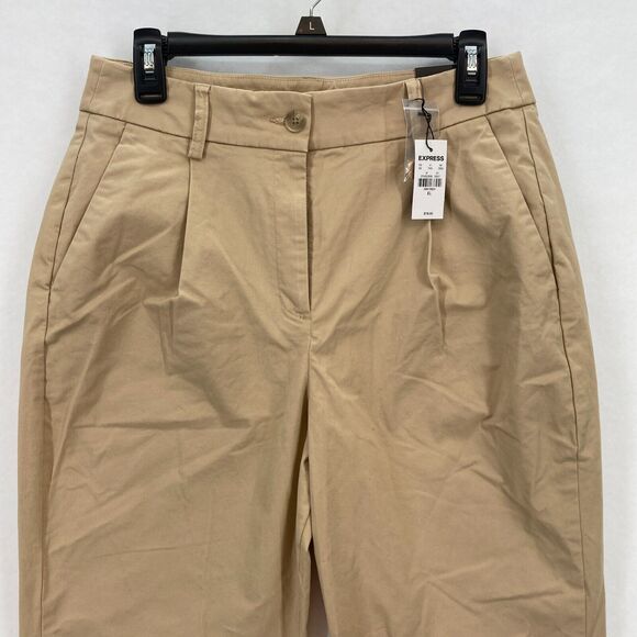 Express Ankle Pants Women's 6 Long Khaki Beige Stretch Fabric Pleated Chino NWT - Picture 2 of 14